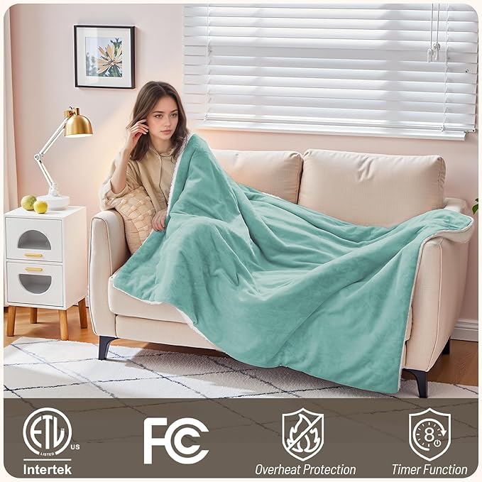 Electric Heated Blanket Throw 50"x60" - Soft Cozy Flannel & Sherpa Fabric Dual-Sided, 9 Heat Settings & 2-10 Hours Auto Off, Warming Heated Throw for Home Office, Machine Washable, Green