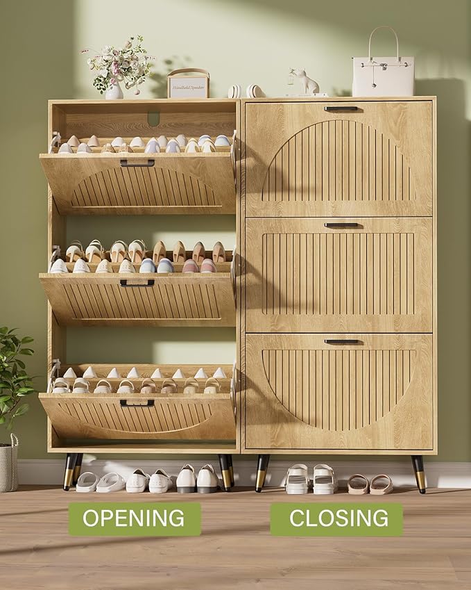 Farmhouse Shoe Cabinet with 3 Flip Drawers, Large Narrow Shoe Storage Organizer for Entryway, Rustic Oak Shoe Rack with Metal Legs, Black Handles, Slim Freestanding Flip Drawer Shoe Storage Cabinet