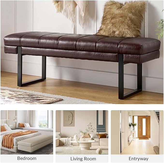 HULALA HOME 53" Faux Leather Entryway Bench, Button Tufted End of Bed Bench Ottoman for Bedroom, Living Room with Metal Base,Brown