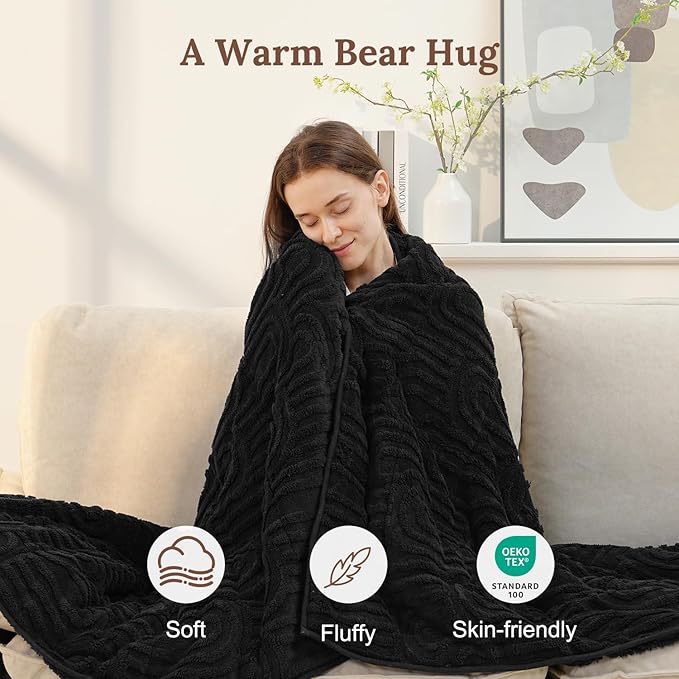 Sherpa Fleece Adult Weighted Blanket Great for Sleep, 15 lbs Dual Sided Soft Fuzzy Heavy Blankets for Couch Bed Sofa, Cozy Warm Fluffy Arched Jacquard Throw for Winter (Black, 60" x 80", 15 Pounds)