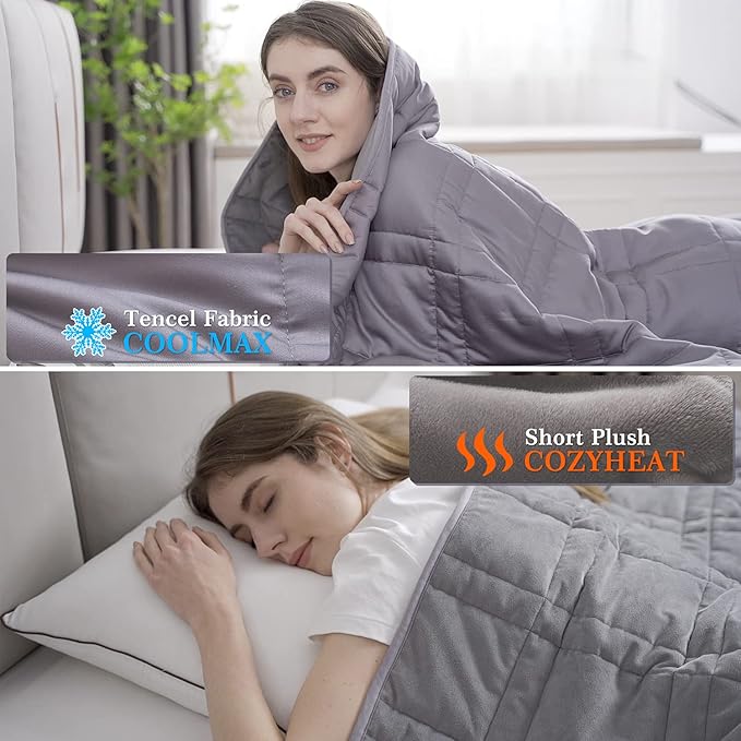 OMYSTYLE Double-Sided 15lb Weighted Blanket(60 X 80 Inches, Twin Size), Reversible Weighted Blanket for Adult with Warm Short Plush and Cool Tencel Fabric, All Season Use - Bonus Carry Bag Included