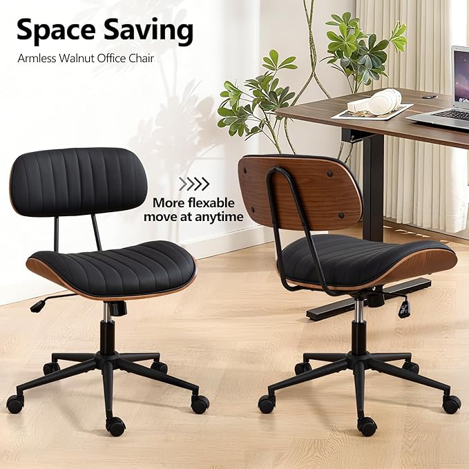 Home Office Chair with Wheels, Adjustable Height Desk Chair Leather Swivel Computer Chair, Armless Modern Walnut Chair for Office, Meeting Room, Black