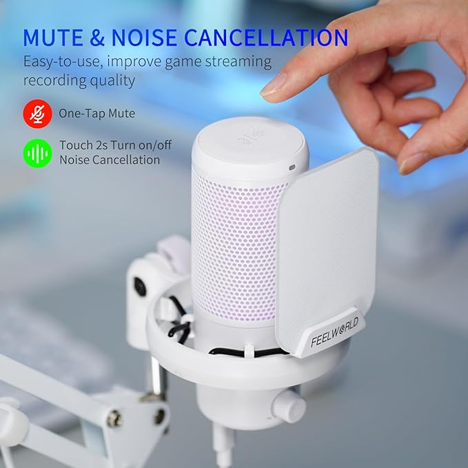 FEELWORLD VM1 White Gaming PC USB Microphone Condenser Mic with Noise Cancellation Mute RGB Light, Computer Accessories Gifts for Gamer YouTube Twitch Podcast Streaming Recording Online Chat PS4 PS5