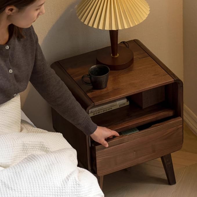 Walnut Nightstand Set of 2, Solid Wood Nightstand with Drawers & Open Storage Shelf, Mid Century Modern Nightstands, Wood End Table for Bedroom, (Dark Black Walnut, 23.23" H)