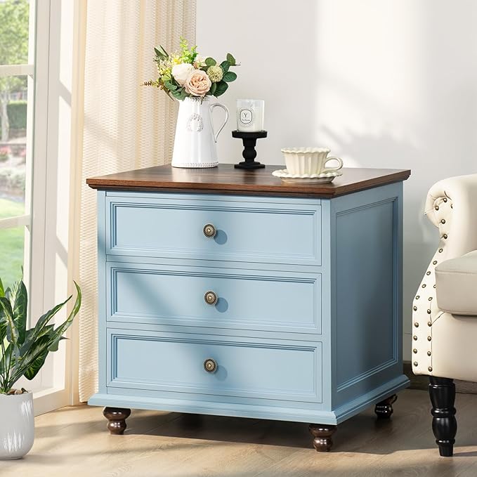 24" Wide Farmhouse Night Stand,Large End Table with 3 Drawers & Metal Handle,Wood Dresser for Bedroom, Bed Side Table Chest of Drawers Cabinet,Light Blue Nightstand for Living Room,Closet