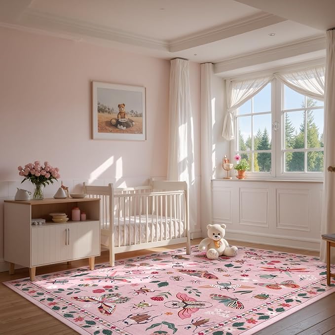 Lahome Insect Washable Rugs for Living Room, Soft 6x9 Rug for Bedroom Ultra-Thin Non Slip Pink Rug, Stain Resistant Easy Clean Large Carpet for Girls Dining Room Nursery Classroom(6'x9',Pink)
