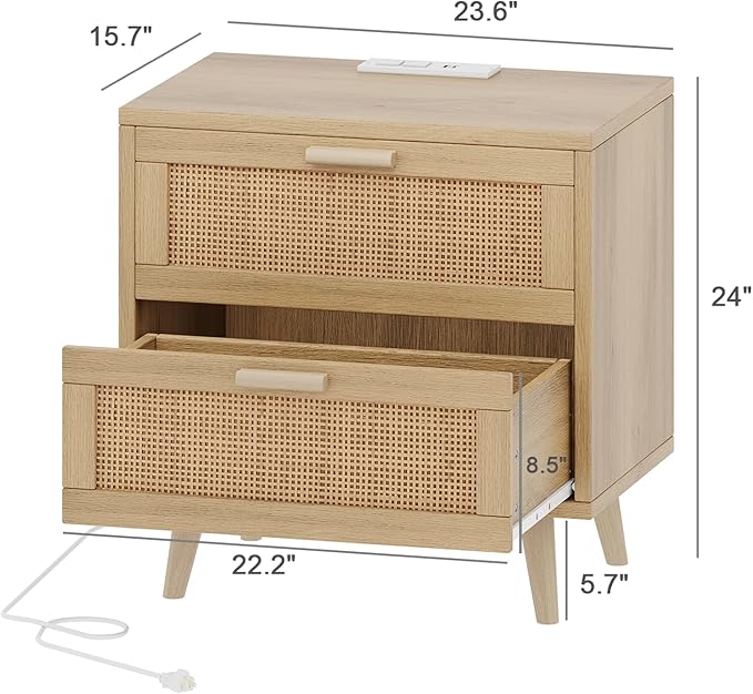 Rovaurx Rattan Nightstand with 2 Drawers, Bedside Table Small Night Stand with Charging Station, End Table for Bedroom, Boho Side Table with Solid Wood Legs for Bedroom, Modern Natural RCTG111ME