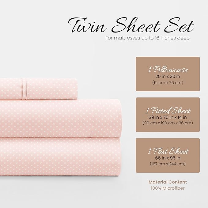 Linen Market 3 Piece Twin Bedding Sheet Set (Pink Hearts) - Sleep Better Than Ever with These Ultra-Soft & Cooling Bed Sheets for Your Twin Size Bed - Deep Pocket Fits 16" Mattress
