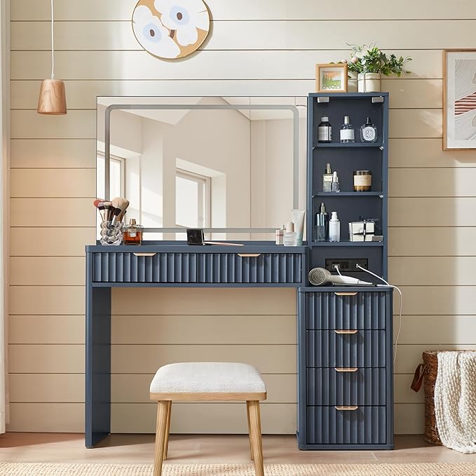 LEYAOYAO Vanity Desk with Mirror and Lights, 43.5'' Fluted Makeup Vanity with 6 Drawers and Adjustable Shelves, Navy Blue Make Up Vanity Wood Dressing Table with Glass Top and Power Outlet for Bedroom