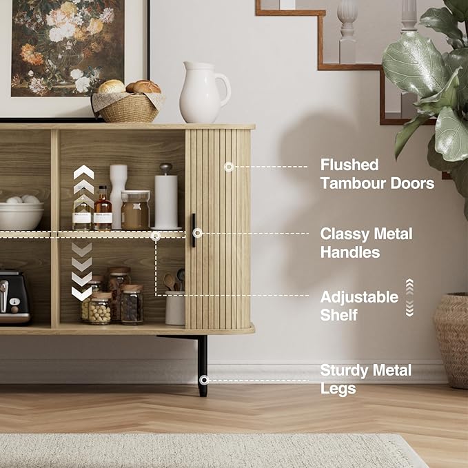 47''W x 32''H Buffet Sideboard Cabinet with Storage,Natural Fluted Storage Accent Cabinet with Curvy Edge; Sliding Door, Credenza, Console Table for Living, Dining Room, Kitchen, Hallway