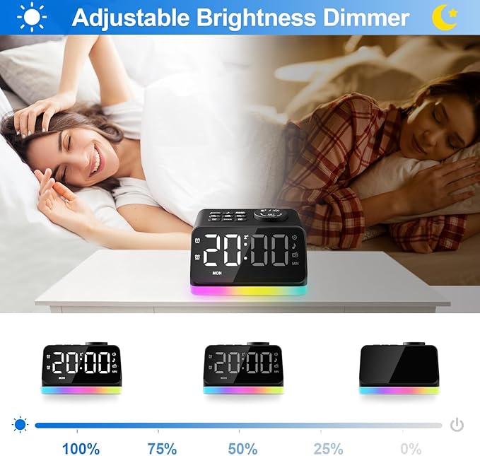 JALL Digital Alarm Clock with FM Radio for Bedroom, 8 Colors Night Light with 2 Charging Port, Sleep Sound Machines with Timer, Dual Alarm, Loud Alarm and Easy to Use for Seniors and Kids as Gift
