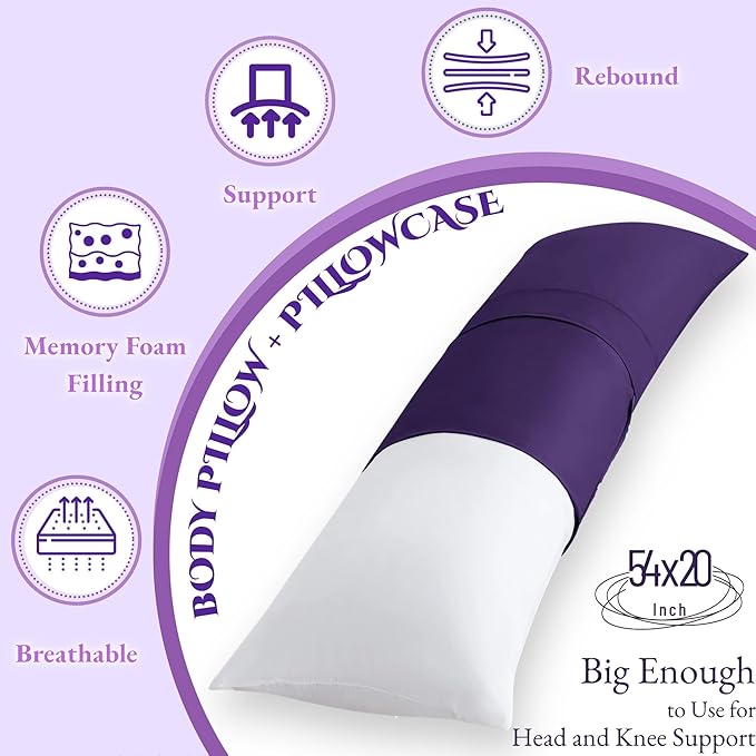 Ubauba Memory Foam Body Pillow with Cover, Full Large Body Pillows Insert for Adults with Envelope Closure Pillowcase, Firm & Fluffy Long Bed Pillows for Sleeping (20x54 inch, Purple)