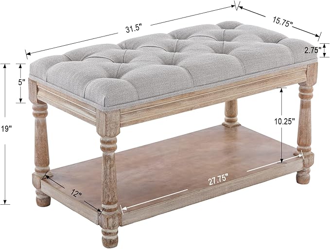 DUOMAY Farmhouse Tufted Storage Ottoman Bench with Shelf, 31.5" Width Linen Upholstered Entryway Shoe Ottoman Foot Stool for Bedroom Living Room Dining Room, Grey