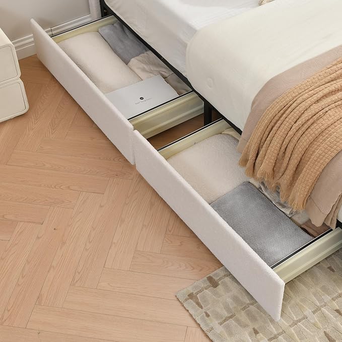VELOCAVA King Size Storage Bed with 4 Drawers, Modern Upholstered Bouclé-Textured Platform Frame with Curved Headboard, Rounded Corners, Wood Slats, No Box Spring Needed, Cream White