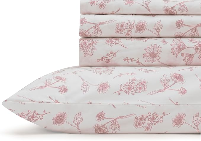 Linen Home 100% Cotton Printed Percale Sheets California King Size, Deep Pocket, 4 Pieces Set-1 Flat, 1 Deep Pocket Fitted Sheet and 2 Pillowcases, Crisp Cool Bed Linen, Mauve Botanical Floral