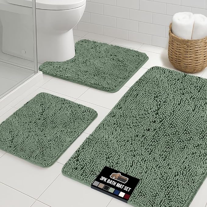 GORILLA GRIP Bathroom Rug Sets 3 Piece, Bath Mat Set and Oval Toilet Base with Rubber Backing, Plush Absorbent Shaggy Chenille Washable Mats, Includes 24x19.5, 24x17 and 36x24 Inch Rugs, Sage