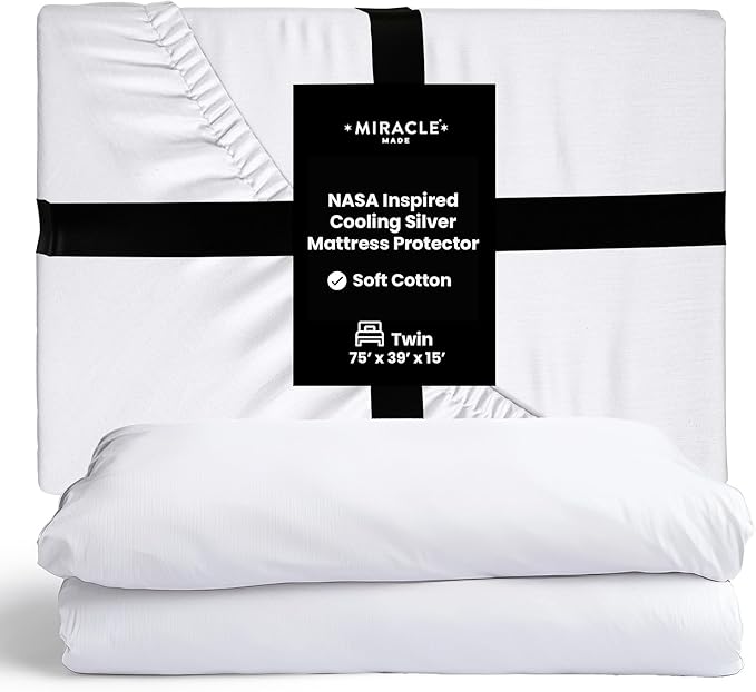 Miracle Made Mattress Protector – Silver-Infused Cotton Fabric – Water-Resistant, Thermoregulating Cover for Sensitive Skin – Compatible with 3-Temperature Zone Comforter, Twin, White