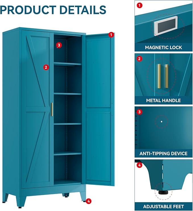Farmhouse Pantry Cabinet with Barn Doors, 71" H x 31.5" W, 5-Tier Metal Storage Cabinet with 4 Adjustable Shelves for Kitchen Garage Dining Room,Blue