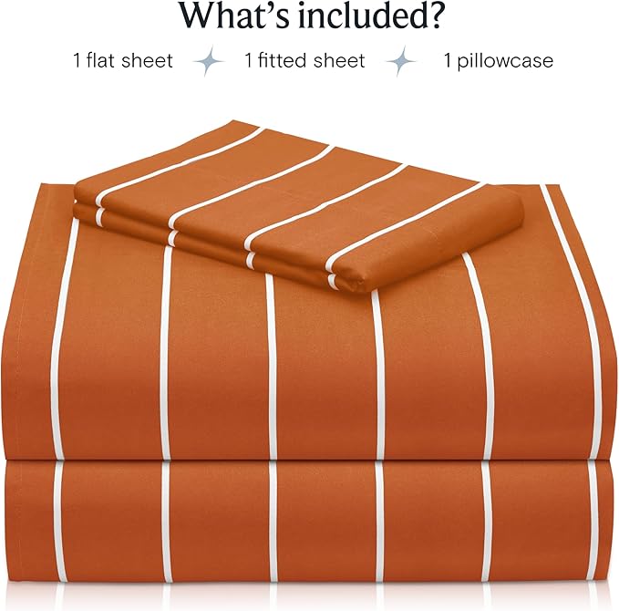 LuxClub 3 PC Sheet Set Bed Sheets Deep Pockets 16" Wrinkle Free Cooling Machine Washable Hotel Bedding Silky Soft - Striped-Autumn Orange Twin