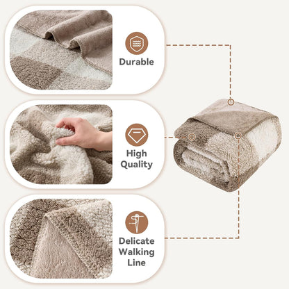 LURKA Checkered Sherpa Fleece Twin-Size Bed Blanket - Extra Thick and Warm Winter Soft Fuzzy Plush Blanket for Couches, Beds & Pets, Khaki, 60x80 Inches