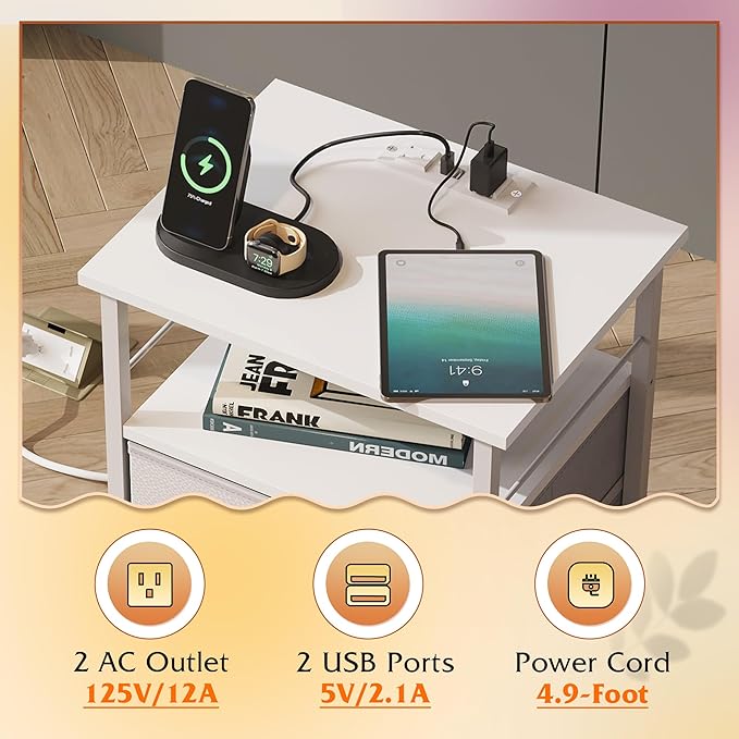 WLIVE Night Stand with Charger Station, White Nightstand with 2 Fabric Drawers, Bedside Table, Small Dresser for Bedroom, Side Table with USB Ports and Outlets