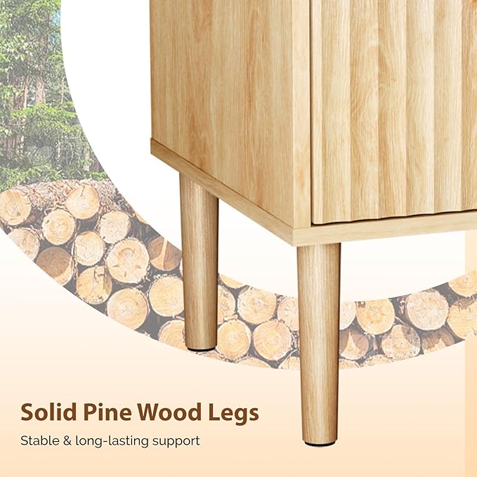 VINGLI Nightstand with Charging Station, Fluted Nightstand with Drawers, Wood Night Stand for Bedroom, Fluted Bedside Table/End Table/Side Table, Oak, 15.75" W*15.55" D*23.62" H