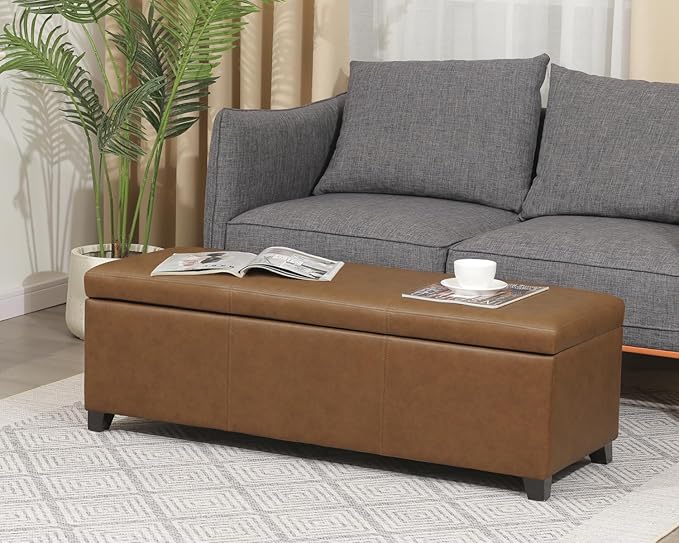 Joveco 47 Inch Storage Ottoman Bench,Tufted Leather Storage Bench with Nailhead Trim for Bedroom (47”,Ochre Yellow)
