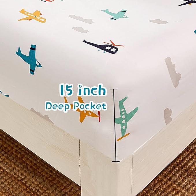 JSD Airplane Kids Sheet Set Twin Size, 3 Piece Soft Printed Microfiber Bed Sheets Deep Pocket