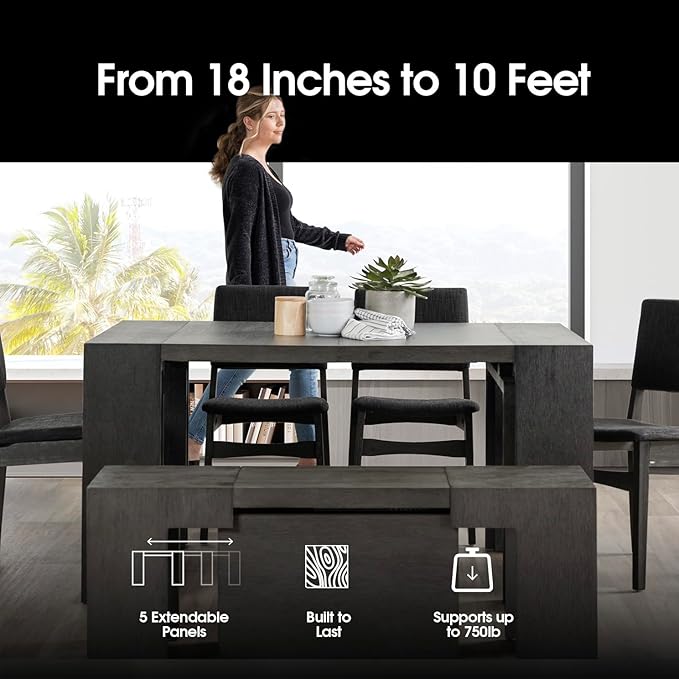 Transformer Table - Solid Wood Extendable Dining Table, Seats 2-12, Extendable Dining Room Table, Space-Saving Furniture, Expandable Dining Furniture (Dark Grey, Table + Bench)