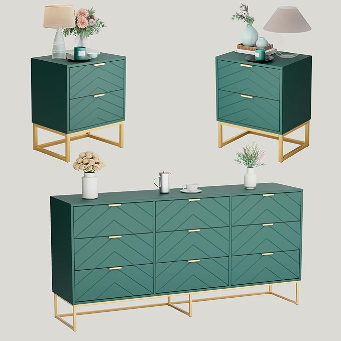 Anbuy 9 Drawer Dresser and Nightstand Sets for Bedroom, Night Stand Set of 2 & 9 Drawer Dresser with Gold Handles, 3 Pieces Bedroom Sets, Morden Wood Chest of Drawers Storage Cabinet Set, Green