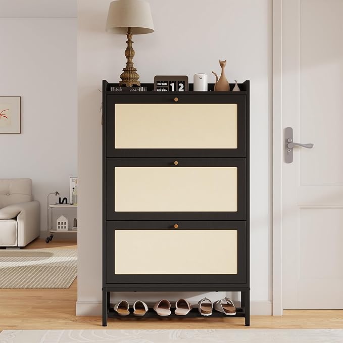 Slim Entryway Shoe Storage Cabinet with 3 Flip Drawers, Modern Freestanding Shoes Organizer Holds 16-20 Pairs, Closed Shoe Storage for Hallway, Foyer - Space-Saving Wood Shoe Cabinet