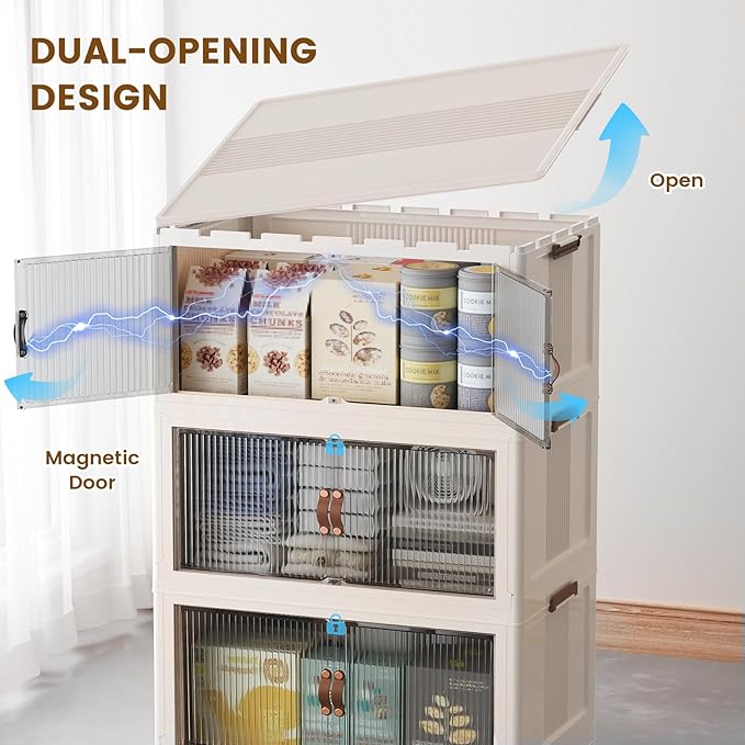 SAILUN 95Gal/381Qt Stackable Storage Bins Folding Collapsible Storage Bins with Lid, Closet Organizers and Storage Box with Door Beige 28" W x 17" D x 46" H