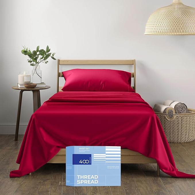 THREAD SPREAD 100% Cotton Bed Sheets Twin XL Set - 400 Thread Count Cotton Twin XL Sheets Only, 3 PC Set (Red), Ultra Soft, Breathable, Cooling, Sateen Weave 16" Deep Pocket Bedsheet for Hot Sleepers