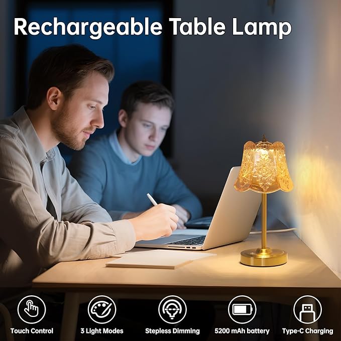 Small Table Lamp with 5200mAh Battery & Touch Control - 3 Adjustable Color Temperatures, Dimmable Rechargeable Table Lamps for Living Room, Bedroom, Bedside (Amber Rose)