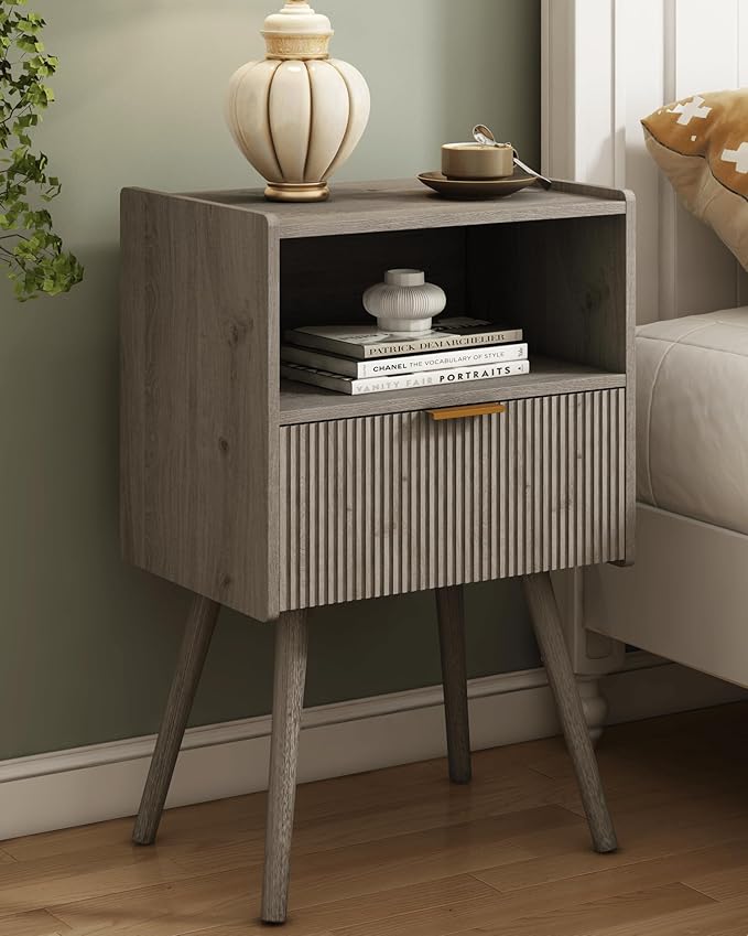 Nightstand,Modern Bedside Table with Storage Drawer and Open Wood Shelf, for Living Room, Bedroom and Small Spaces, Accent Night Stand with Solid Wood Legs, Easy Assembly,Grey Oak