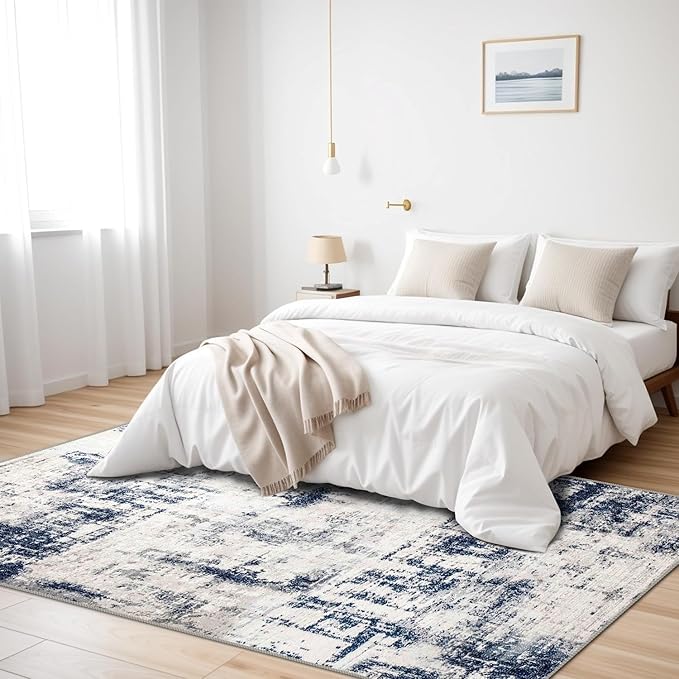3x5 Rug, Small Area Rug for Living Room, Bedroom, Kitchen, Machine Washable Non-Slip Throw Rug, Modern Abstract Carpet for Entryway Nursery Coffee Table, Ivory Navy