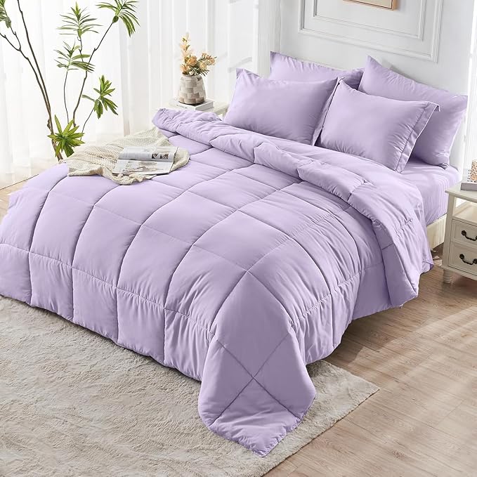 JOLLYVOGUE Full Comforter Set, Ultra-Soft Bed in a Bag Full Size 7 Pieces, Oeko-TEX Certified Bedding Set with Down Alternative Comforter, Sheets, Pillowcases & Shams, Lavender