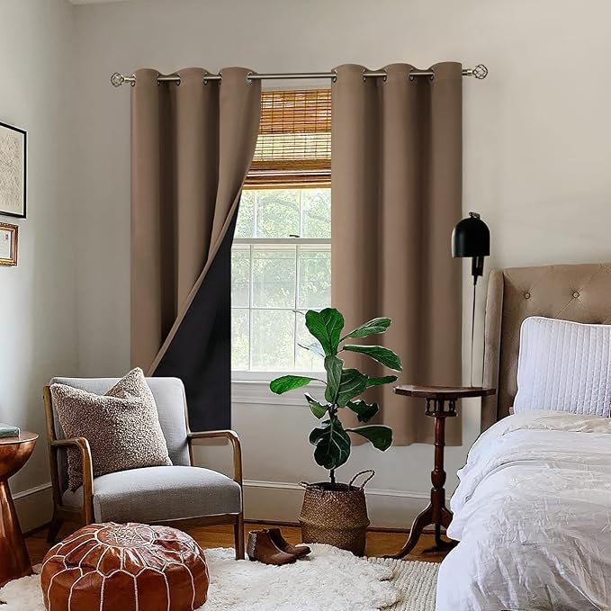 BGment Thermal Insulated 100% Blackout Curtains for Bedroom with Black Liner, Double Layer Full Room Darkening Noise Reducing Grommet Curtain (42 x 72 Inch, Taupe, 2 Panels)