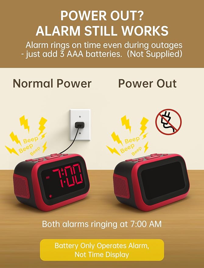 Loud Alarm Clock for Heavy Sleepers: 115dB Dual Alarms with 6 Unique Sounds for Bedroom Dorm Room Use - On-Time Wake Up for Teen College Students - Red