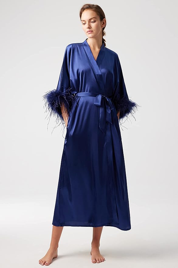 PRODESIGN Satin Kimono Robe Long Silky Bathrobe with Ostrich Feather Trim Sleepwear Wedding Bridesmaid Dressing Gown