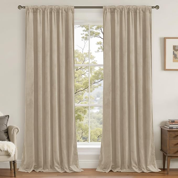 LAMIT Taupe Velvet Curtains 120 Inch for Living Room, Thick Thermal Insulated Room Darkening Drapes Super Soft Elegant Back Tab and Rod Pocket Panels for Sliding Glass Door, 2 Panels, 52 x 120 Inch