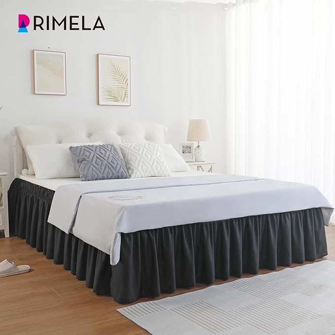 RIMELA Black Bed Skirt King Size 25 Inch Drop, Elastic Bed Skirting for Bed Base and Frame, Bedding Dust Ruffle Easy to Install, Lightweight Comforter Set with Wrap Around Adjustable Bedskirt