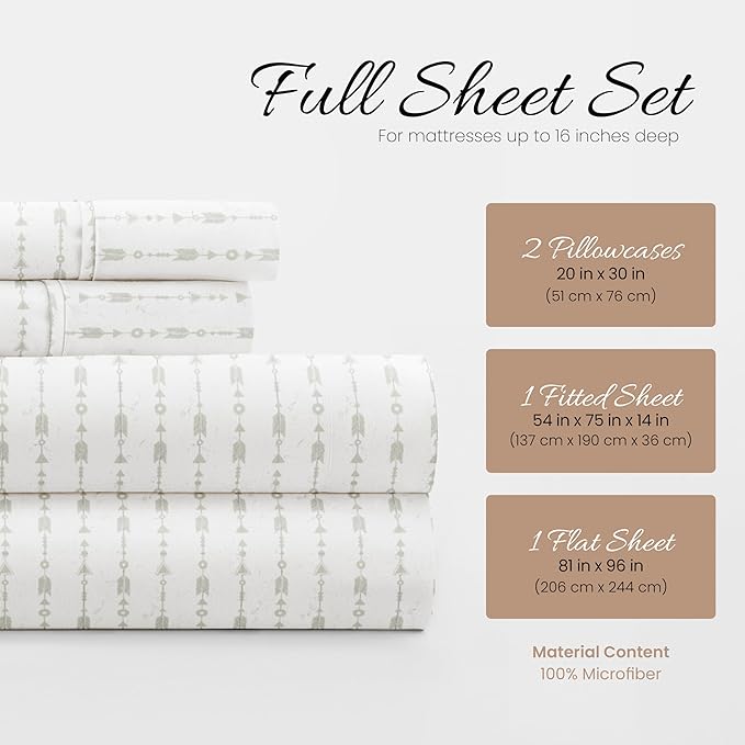 Linen Market Double-Brushed Patterned Microfiber Full Sheet Set 4 Piece – Oeko-TEX Certified Ultra Soft & Wrinkle-Free - 16" Deep Pocket Sheets - Easy Care Full Size - Beaded Arrows Light Gray
