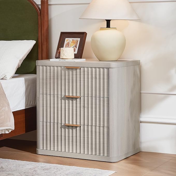 LEYAOYAO Fluted Nightstand with Charging Station, 23" Wide 3 Drawers Night Stand,LightGrey End Table with Open Storage,Farmhouse Bed Side Tables, Wood Dresser for Bedroom, Living Room, Closet