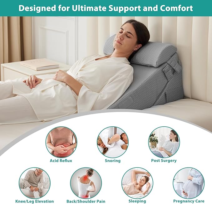 Bedluxe 3Pcs Orthopedic Bed Wedge Pillow Set, Foam Wedge Pillow Post Surgery for Back, Leg and Knee Support, Adjustable 9&12 Inch Folding Triangle Pillow for Sleeping, Acid Reflux, Snoring, Grey