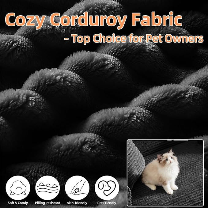 Convertible Futon Sofa Bed, Fold Out Floor Sofa Couch with Sleeper Sofa,Folding Boneless Couches with Deep Seat,Cloud Corduroy Foldable Mattress Couch for Living Room (Black)
