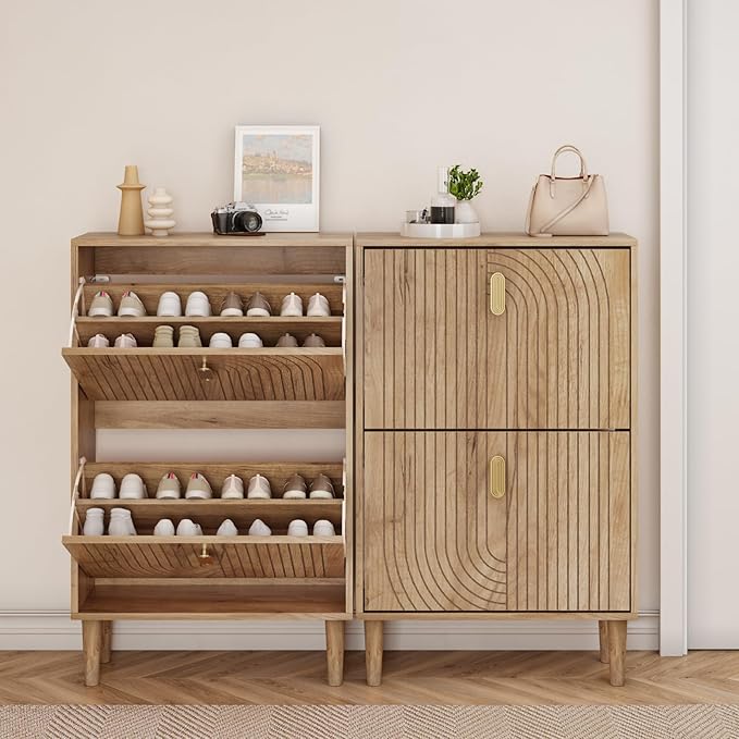 Smuxee Shoe Cabinet with 2 Flip Drawers, 23.6" Oak Hidden Shoe Storage Cabinet with Line Groove Design, Freestanding Shoe Organizer Cabinet for Entryway, Hallway, Living Room