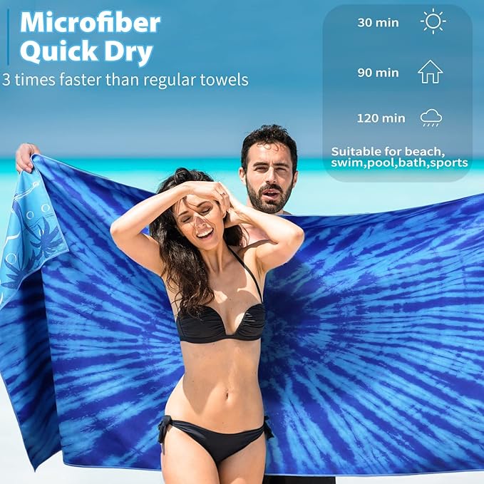 Microfiber Thin Beach Towel Lightweight Oversized 71x32 Extra Large Sand Free Towels Quick Dry for Travel Pool Camping Sports Beach Accessories Vacation Essential Gift Blue Tie Dye