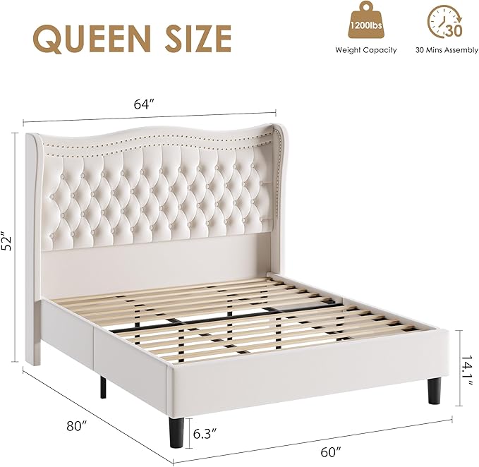 Upholstered Queen Size Bed Frame with Tall Headboard, Velvet Wingback Platform Bed Frame with Deep Button Tufted, No Box Spring Needed, Noise Free, Beige