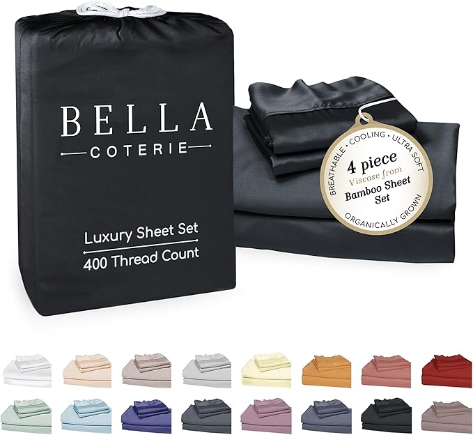 Bella Coterie Luxury Bamboo Viscose 34” Split Top King Size Sheet Set | 1 Fitted Sheet for Sleep Number & Adjustable Beds | 100% Organically Grown | Cooling & Soft | 18” Deep Pocket [Black]